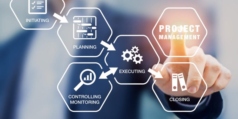 Presentation of project management processes such as initiating, planning, executing, monitoring and controlling, and closing with icons and a manager touching virtual screen